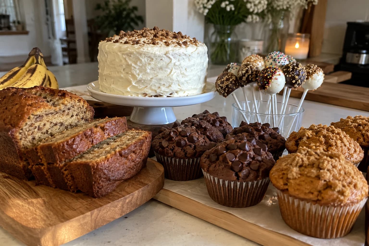 a counter full of fresh bakes: sliced banana bread, chocolate chip muffins, pumpkin muffins, cake pops and a frosted cake