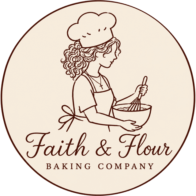 the faith & flour baking company logo: our baker in her chef's hat, whisking a bowl of batter