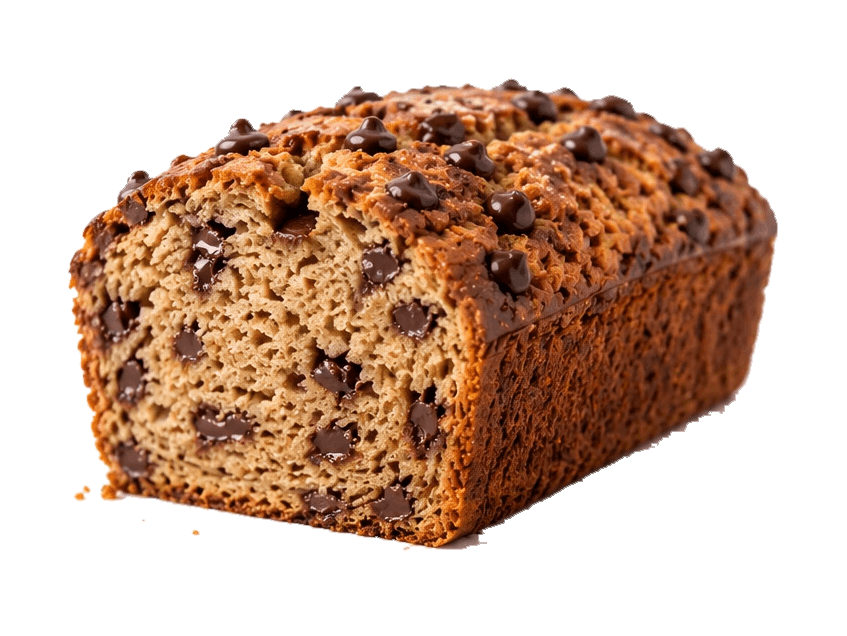 a whole loaf of chocolate chip banana bread with the cut end showing a soft, chip-studded crumb
