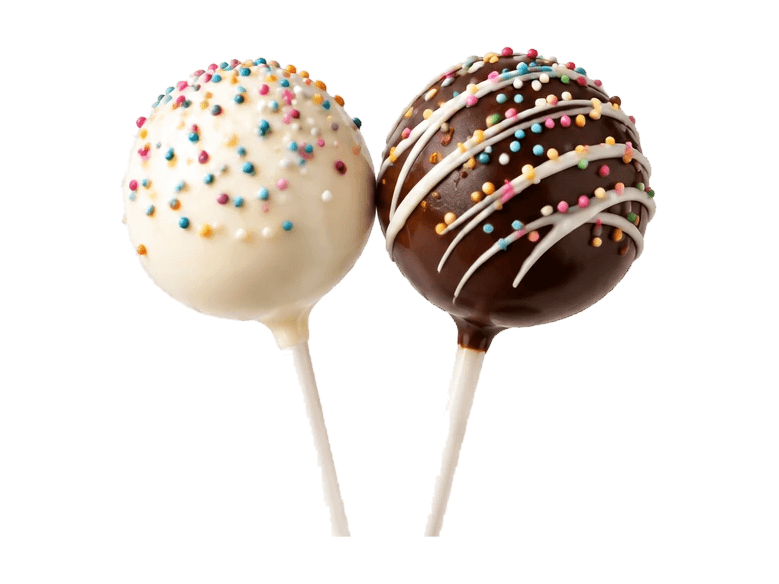 two cake pops: a white chocolate one with rainbow sprinkles and a chocolate one with a white drizzle and rainbow sprinkles